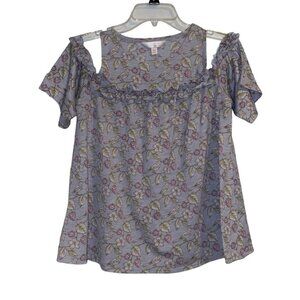 LC Lauren Conrad Cold Shoulder Ruffle XS Short Sleeve Shirt Floral Gray Womens